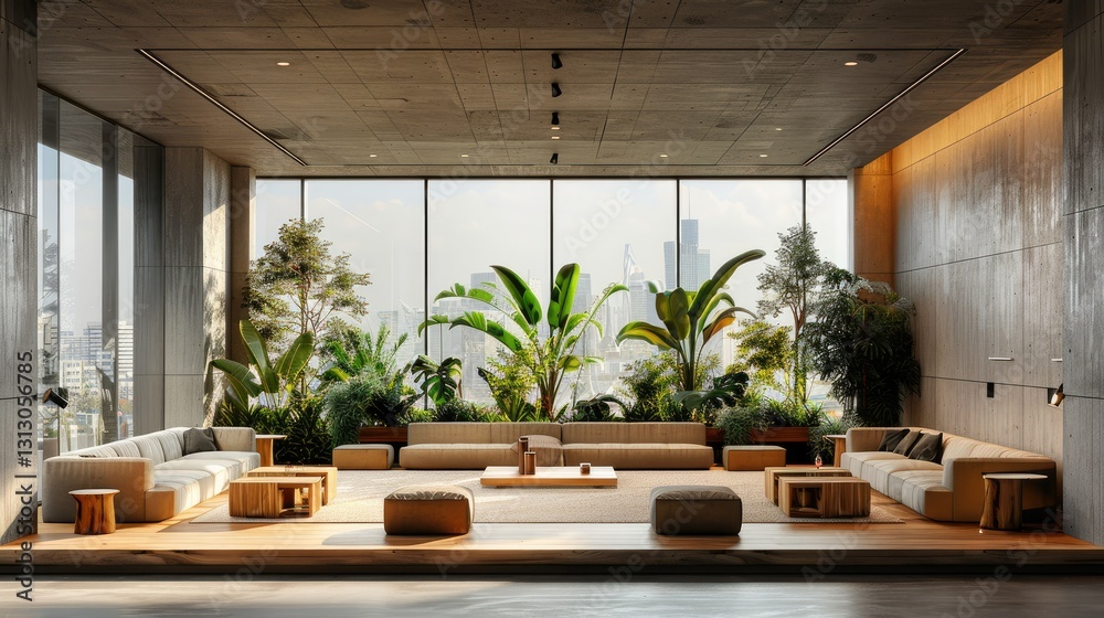 Fototapeta premium A modern lounge with large windows, plants, and minimalist furniture for relaxation and socializing.