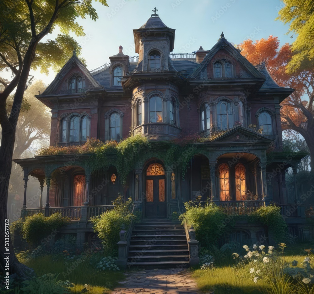 Haunted mansion with broken windows and overgrown vegetation , mansion, spooky ambiance Haunted mansion with broken windows and overgrown vegetation , mansion, spooky ambiance