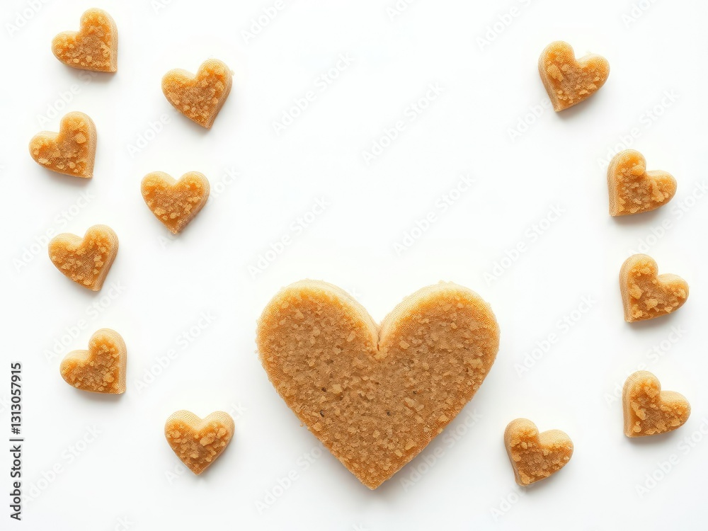 Heart shaped brown sugar arranged neatly on a white table, sugar, cooking ingredient, romantic Heart shaped brown sugar arranged neatly on a white table, sugar, cooking ingredient, romantic