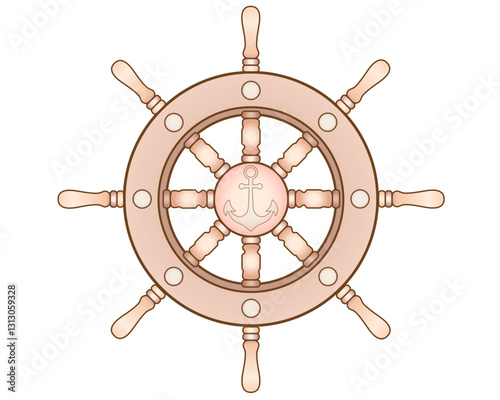 Steering wheel with an anchor - vector full color picture. Steering wheel of a ship or yacht. Drawing on the theme of the sea and navigation. Wooden steering wheel of a ship.	