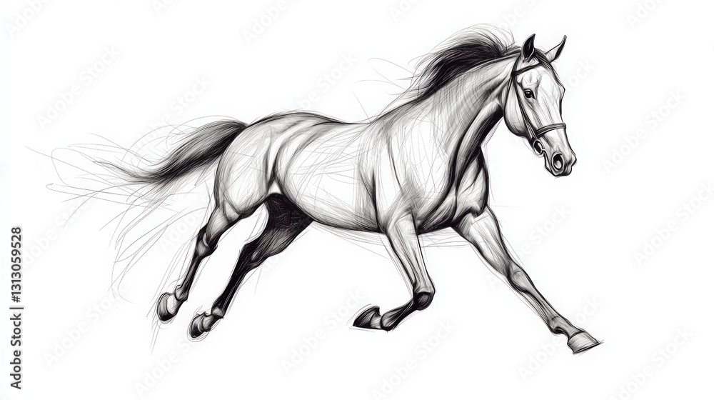 A dynamic sketch of a galloping horse, showcasing movement and grace in a monochrome style.