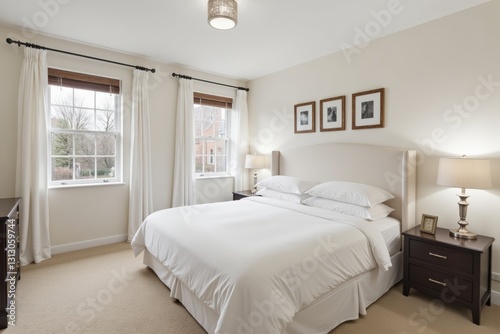 Spacious and Bright Modern Bedroom with Neutral Tones  Featuring a Large Bed  Elegant Nightstands  and Soft Natural Light Filtering Through Windows