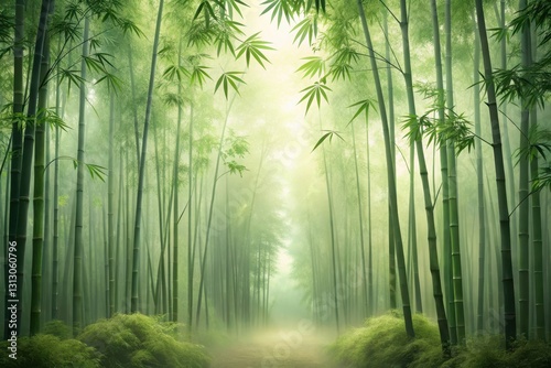 Serene Path Through a Misty Bamboo Forest, Enveloped in Tranquil Green Hues, Leading to an Undisclosed Destination