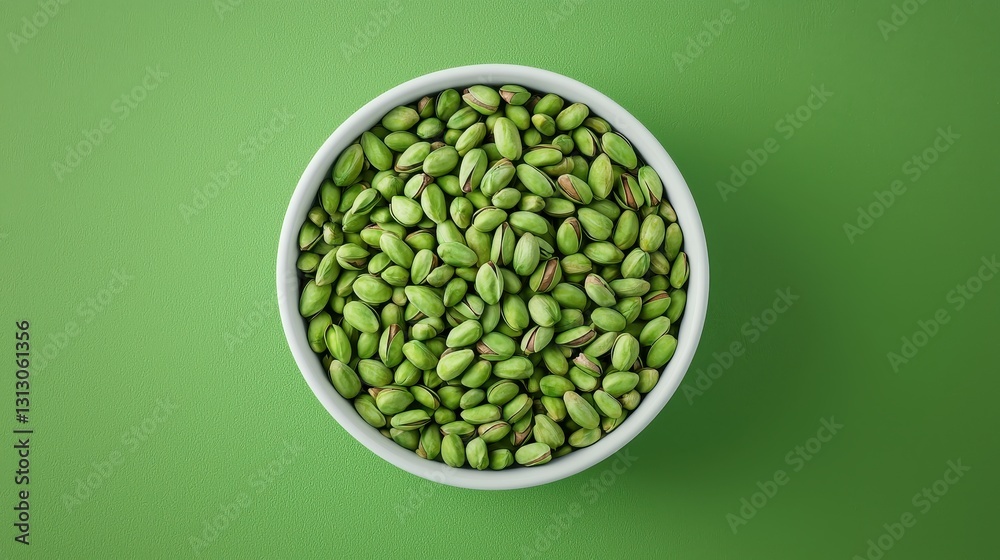 Overhead shot of pistachios in a bowl on a green background. Concept of healthy eating and snack food. Overhead shot of pistachios in a bowl on a green background. Concept of healthy eating and snack food.