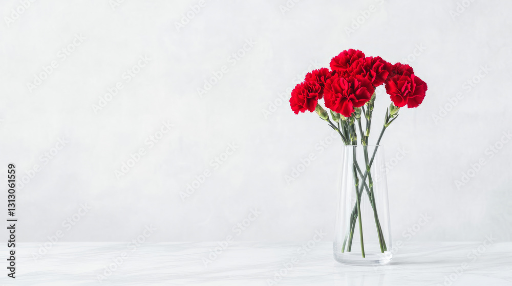 Obraz premium Elegant red carnations in glass vase against minimalist background
