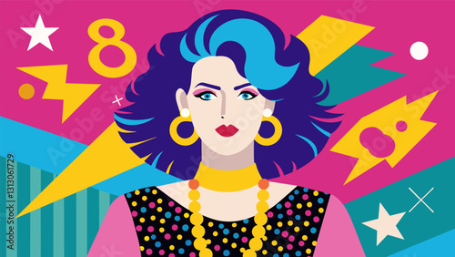 Bold prints and chunky statement jewelry were the stars of the show as the Baby Boomers showcased their love for all things 80s and New Wave.. Vector illustration