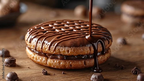 Chocolate cookies being drizzled with chocolate sauce on a wooden table.  Possible use  food blog, dessert recipe photo