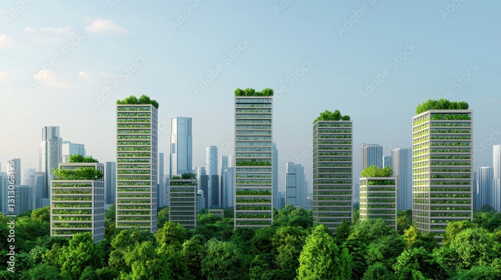 Green city concept with buildings covered in plants and trees. Sustainable architecture and urban development. Green city concept with buildings covered in plants and trees. Sustainable architecture and urban development.