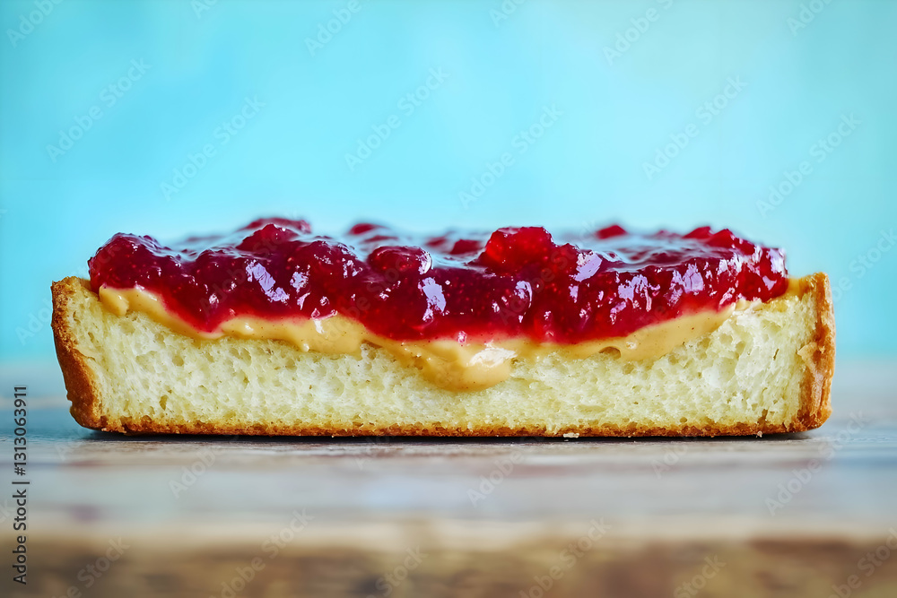 close-up view of a slice of bread spread with creamy peanut butter and vibrant jam close-up view of a slice of bread spread with creamy peanut butter and vibrant jam