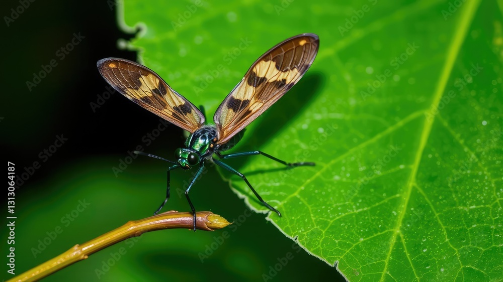 Obraz premium Insect with metallic green body and spotted wings sitting on a small twig resting against a large green leaf, insect anatomy, insect on twig, natural focus