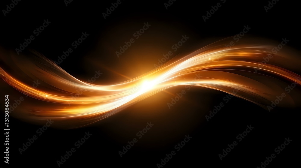 Obraz premium Glowing golden wave of light with smooth flowing curves against dark background creates dynamic energy effect for abstract design backgrounds.