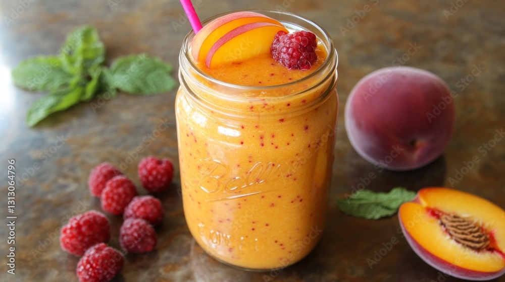 Refreshing Peach and Raspberry Smoothie in Mason Jar with Straw Refreshing Peach and Raspberry Smoothie in Mason Jar with Straw