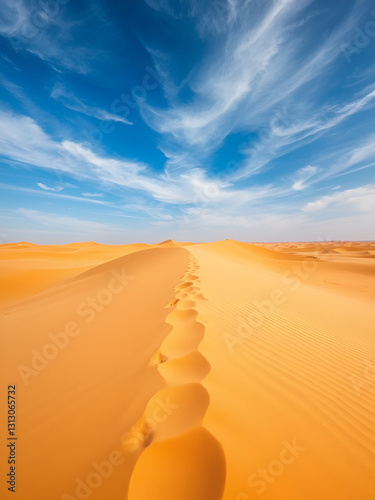 Golden sandy dunes stretch towards the horizon, wispy clouds scattered across a bright blue sky, in a serene