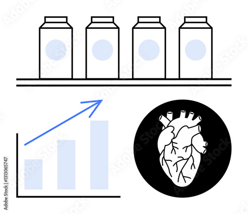 Milk cartons on a shelf, upward-trending bar chart with arrow, and heart diagram in a circle. Ideal for nutrition, health, consumption, dairy industry, heart health, research and healthy choices