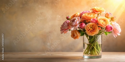 Wallpaper Mural A vibrant bouquet of pastel roses in a clear glass vase, illuminated by warm sunlight against a textured background Torontodigital.ca
