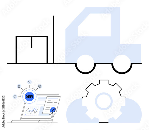 Package, delivery truck, blockchain DeFi platform showing analytics, and a gear representing automation. Ideal for supply chain, blockchain, automation, logistics, fintech technology digital