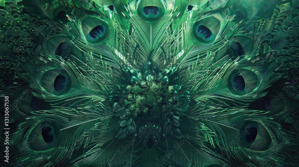 Fototapeta premium Vibrant peacock feather design with intricate patterns and rich green hues, creating a mesmerizing visual effect