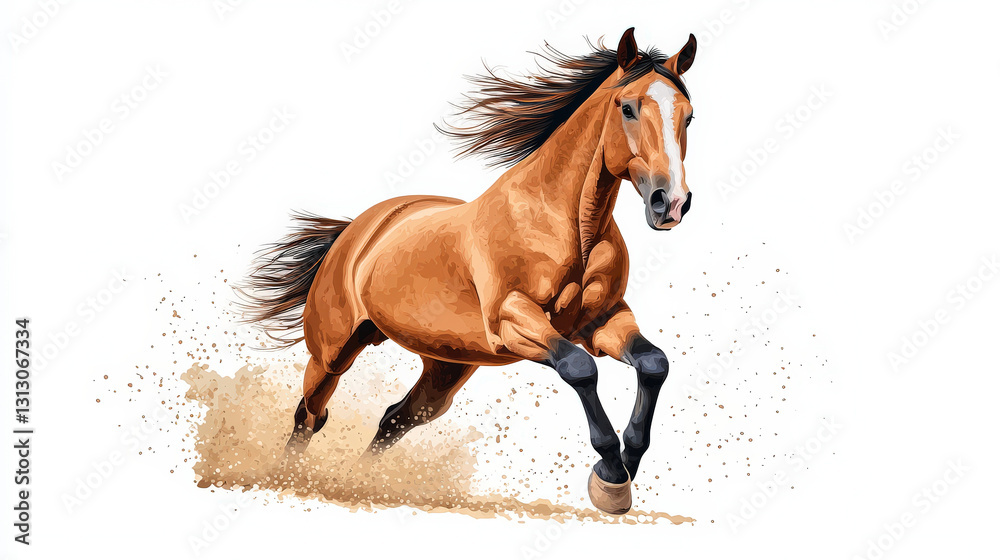 Obraz premium A powerful horse gallops energetically, kicking up dust, showcasing strength and grace in motion.