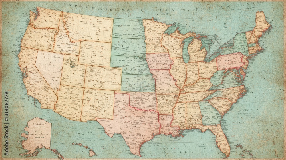 Fototapeta premium Antique map of the United States of America. Vintage style map showing states, cities, and geographical features.