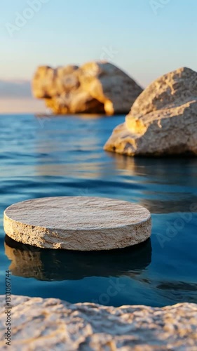 Calm ocean scene with natural stone podium, product presentation
