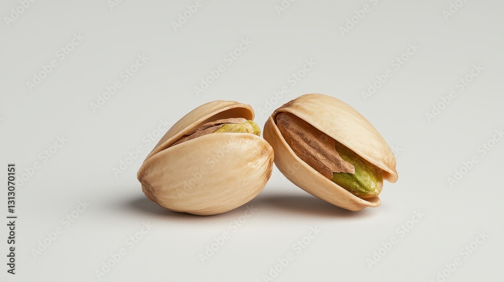 Two pistachios in shells on a white background. Close up of healthy snack. Two pistachios in shells on a white background. Close up of healthy snack.