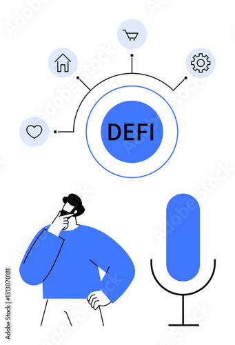 Thoughtful man ponders decentralized finance ecosystem, surrounded by icons for home, heart, gear, cart, and microphone. Ideal for tech, fintech web3 strategy finance innovation blockchain. Flat