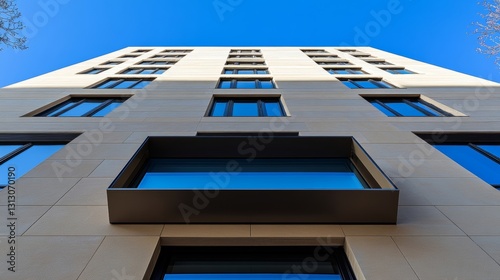 Low-angle shot of modern building facade against clear blue sky photo