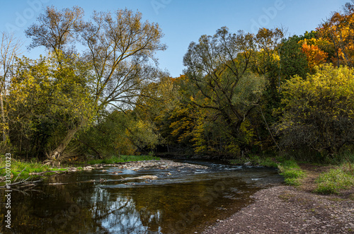 Bronte Creek in Bronte Park with fall colors reflected in creek water