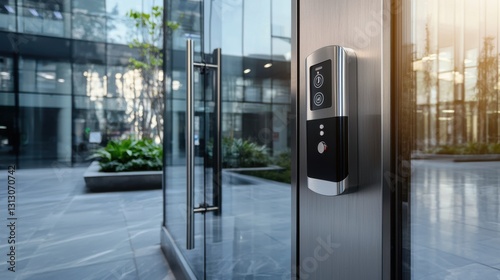 A silver door with a glass panel and a digital screen on the door
