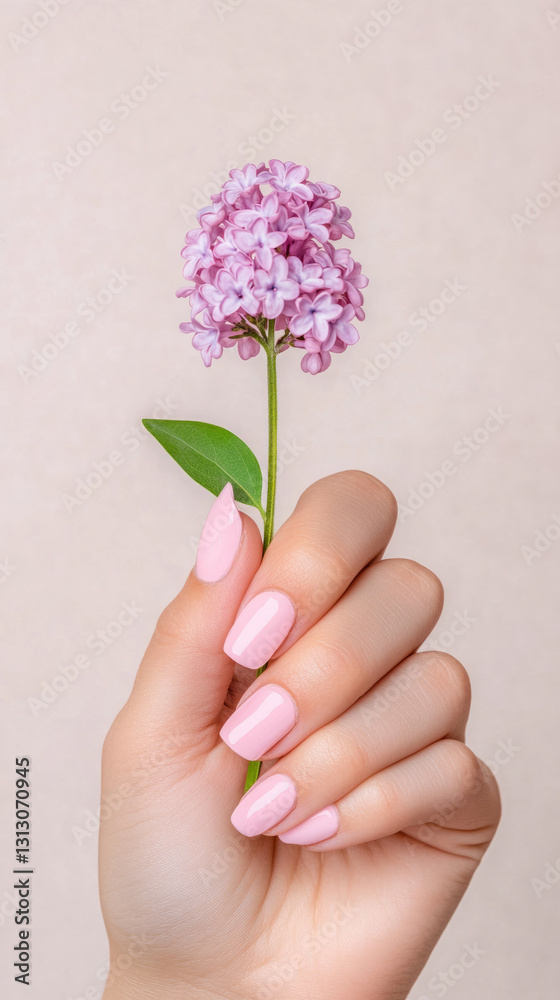 Female hand holding pink hydrangea with elegant manicure against neutral background Female hand holding pink hydrangea with elegant manicure against neutral background