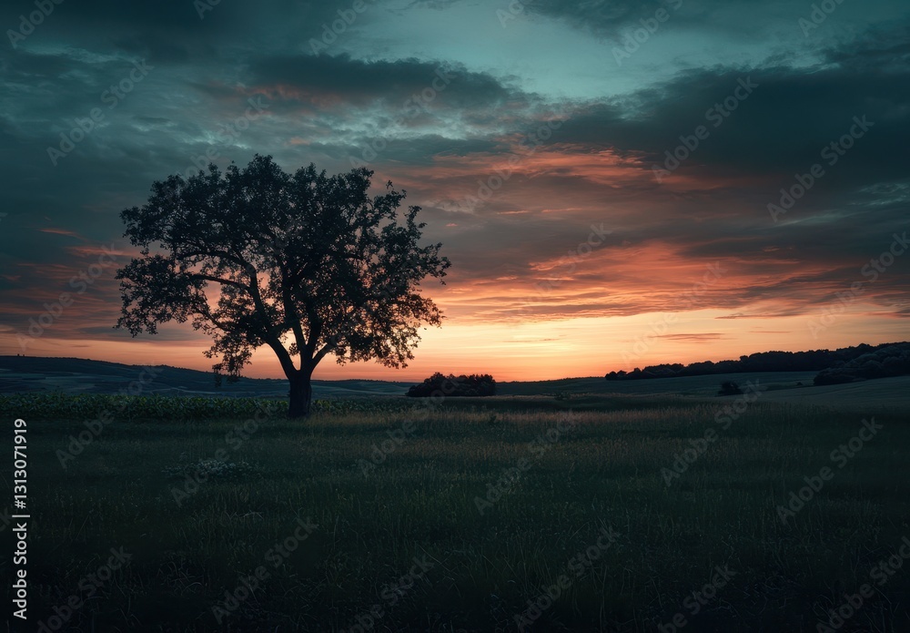 Fototapeta premium Serene Sunset Landscape with Majestic Tree Silhouette Against Colorful Sky and Calm Meadow in Tranquil Nature Setting