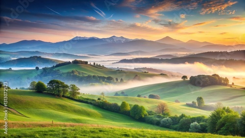 Serene Sunrise Over Rolling Hills and Misty Valleys, Bathed in Golden Light
