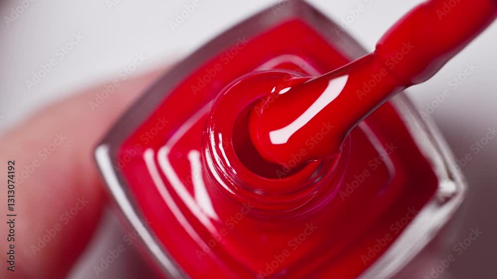 red nail polish bottle on white  background and a brush showing perfect smooth texture, cosmetic product closeup macro, top view