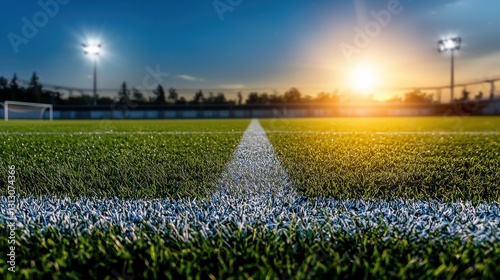 A soccer field with a white line on the grass