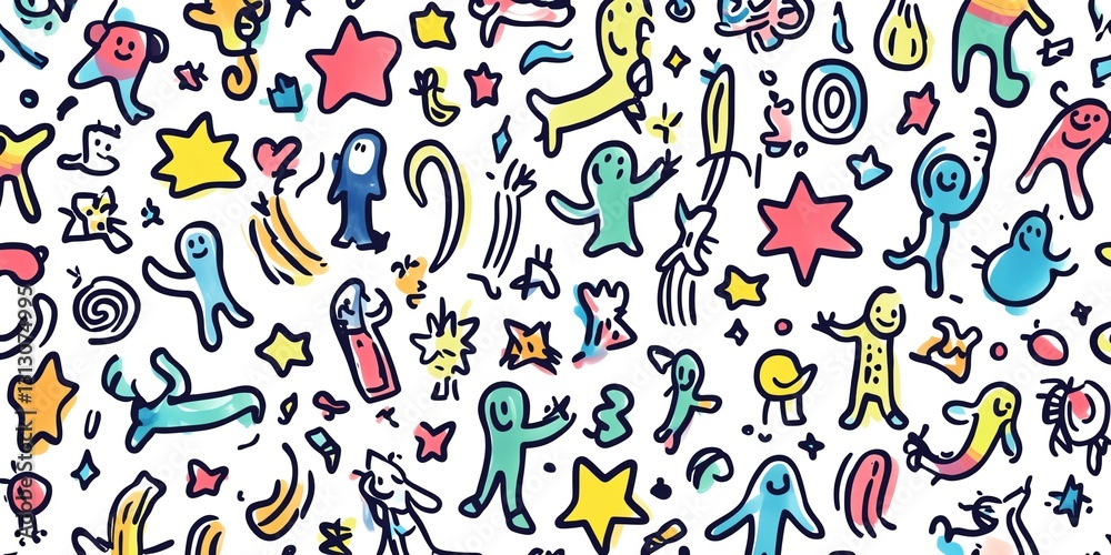 Colorful Doodles Create a Vibrant Pattern Full of Playful Figures and Abstract Shapes on a White Background Colorful Doodles Create a Vibrant Pattern Full of Playful Figures and Abstract Shapes on a White Background