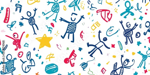 Colorful Doodles of Cheerful Stick Figures Celebrating Joy and Creativity in a Playful Background
