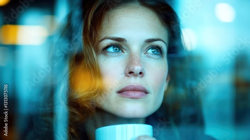 Thoughtful woman gazing out window with coffee cup in hand