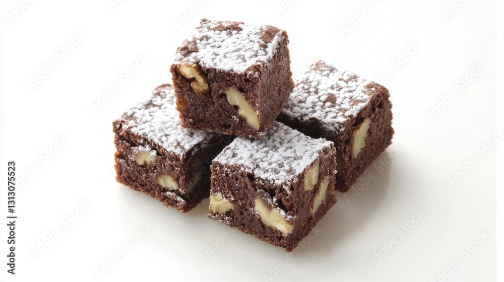 Brownie Squares with Walnut Topping on White Background Brownie Squares with Walnut Topping on White Background