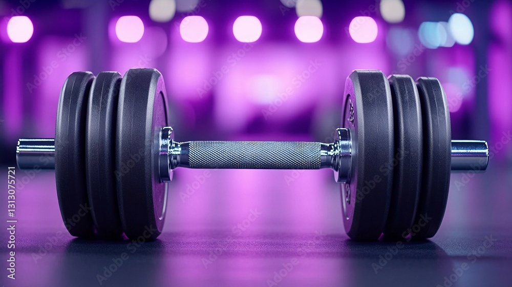 Fototapeta premium A Weighted Dumbbell Resting In Front Of Blurry Purple Lights