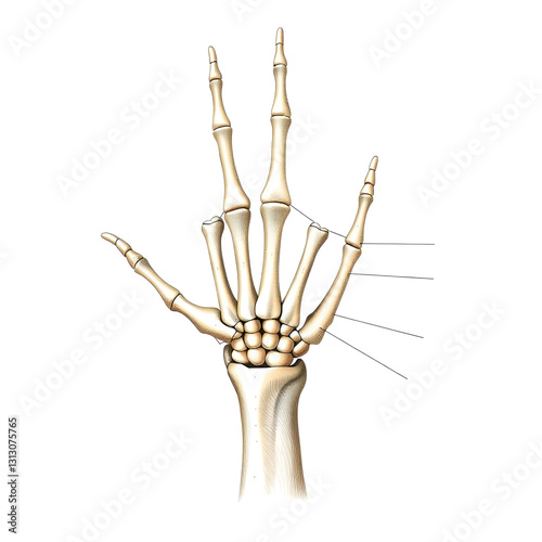 Detailed Anatomical Illustration of Human Hand Bones and Joints on White Background