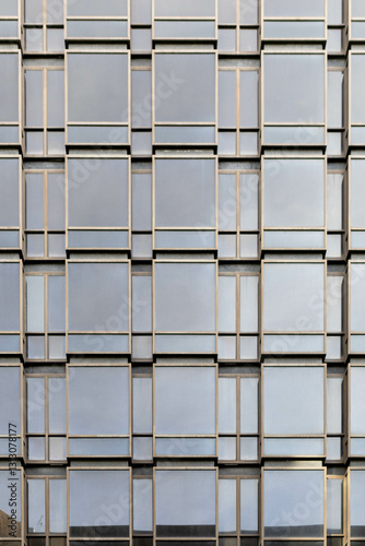 The photograph features the facade of a building with numerous rectangular windows arranged in a grid pattern.