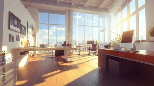 16.A 3D-rendered modern open office featuring bright white walls  seamless wood flooring  and sleek desks  illuminated by soft natural light streaming through panoramic glass windows.