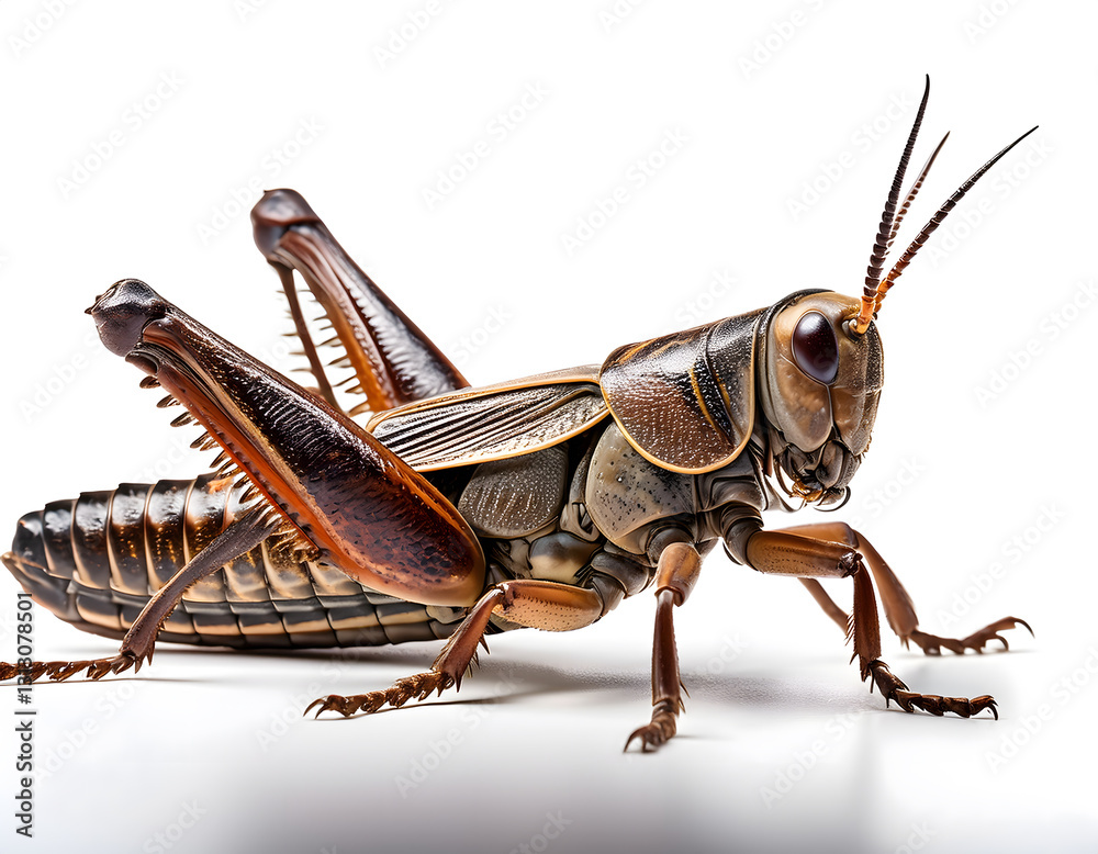 A detailed digital rendering of a grasshopper with long antennae and textured body, posed against a white background A detailed digital rendering of a grasshopper with long antennae and textured body, posed against a white background