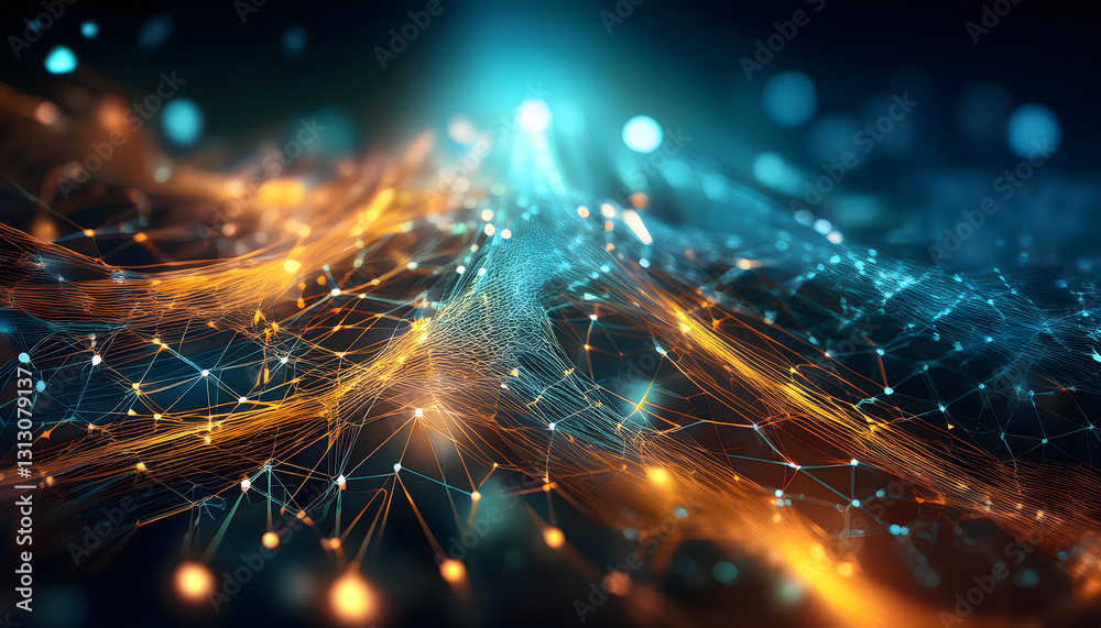 Obraz premium Interconnected glowing lines create a network of light, blending warm orange and cool blue tones, suggesting data flow