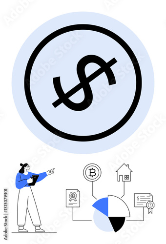Woman analyzing financial choices including dollar symbol, cryptocurrency, real estate, and charts. Ideal for investment, budgeting, wealth planning, assets, finance economics flat simple metaphor