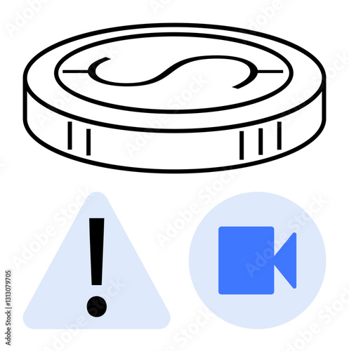 Coin with currency symbol, alert triangle, and video icon. Ideal for cryptocurrency, online finance, alerts, media, technology virtual transactions global communication. Flat simple metaphor