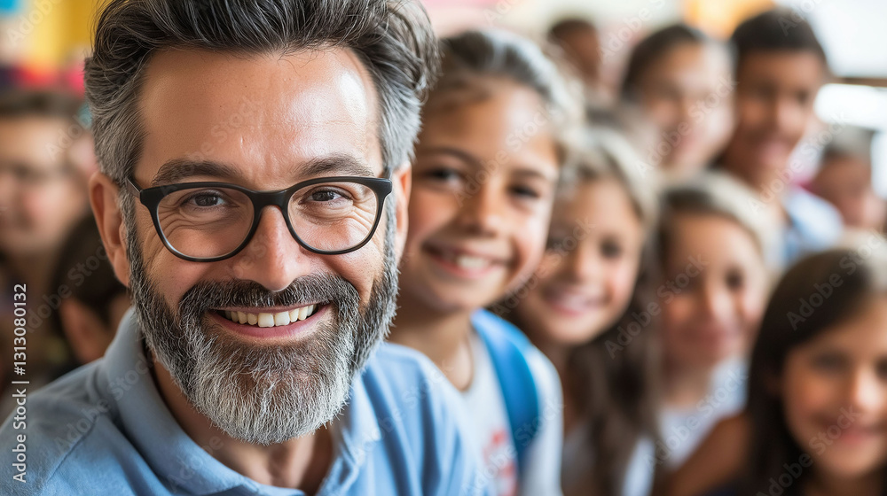 Smiling teacher with beard and glasses, in the background many happy students from his class Smiling teacher with beard and glasses, in the background many happy students from his class