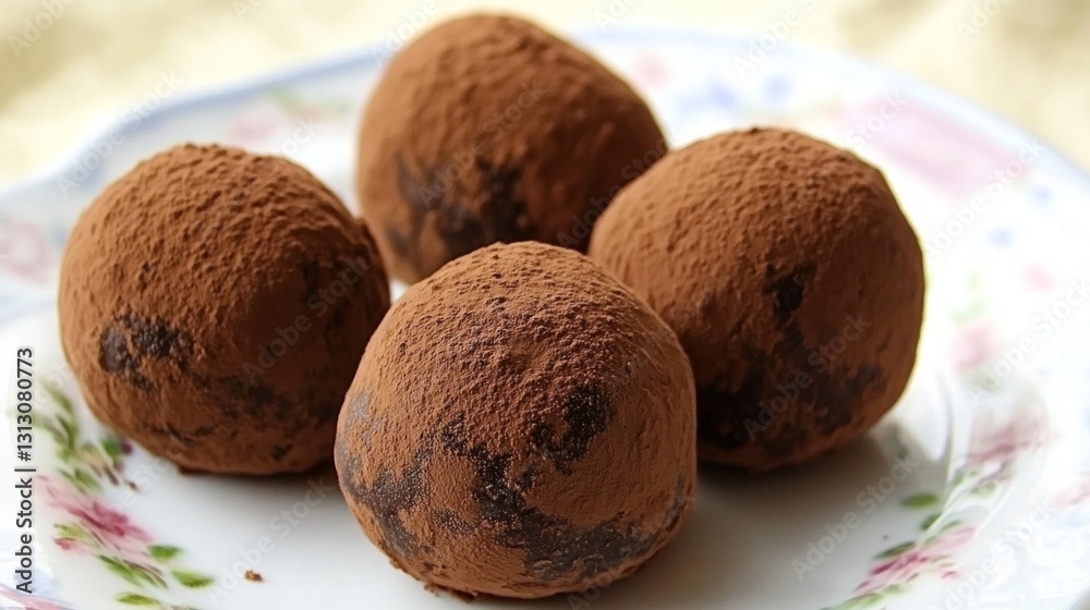 Chocolate truffles coated with cocoa powder on decorative plate Chocolate truffles coated with cocoa powder on decorative plate
