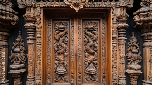 A beautifully carved wooden temple door  showcasing traditional Indian craftsmanship.