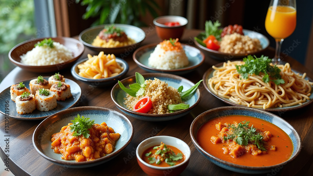 A beautifully arranged table with dishes from around the world, like sushi, tacos, pasta, and curry, emphasizing diversity and flavor. A beautifully arranged table with dishes from around the world, like sushi, tacos, pasta, and curry, emphasizing diversity and flavor.